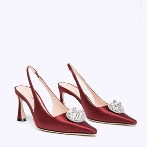 348. RODO Italy Karyn 80 Satin Pump Pomegranate Slingback Heel Jeweled $920 NEW